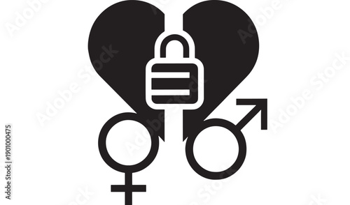 Heart love icon with padlock and male female gender symbols in black silhouette, secure relationship concept for privacy, dating, marriage, and sexuality rights