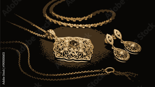Luxury Gold Jewelry Set on Black Background