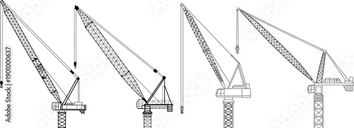 Construction crane line drawings, tower crane variations, lifting equipment outlines, industrial building machinery, engineering vector illustrations isolated white background set