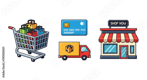 Online shopping concept with cart, credit card, delivery truck, and storefront illustration from a modern e-commerce viewpoint