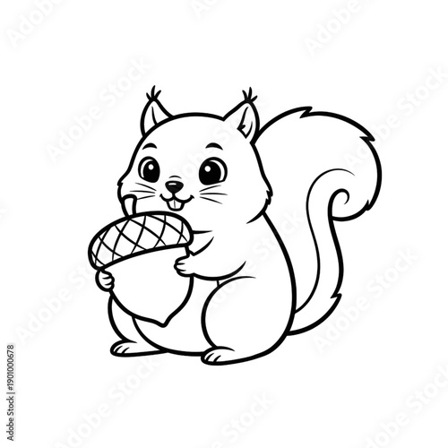 Cute Squirrel Holding Acorn Nut Line Art Cartoon Illustration
