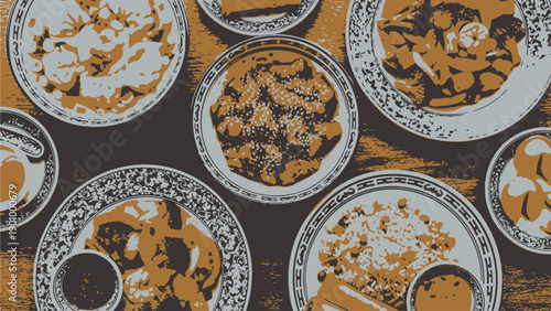 Assorted International Cuisine on Decorative Plates