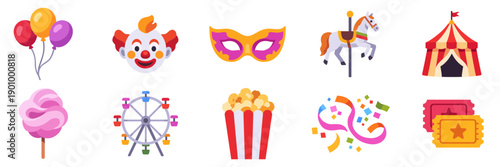 Set of carnival icons with balloon, popcorn, ferris wheel, circus tent and clown, colorful collection with vector flat illustrations