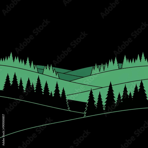 Lush green rolling hills with dense pine tree forests.