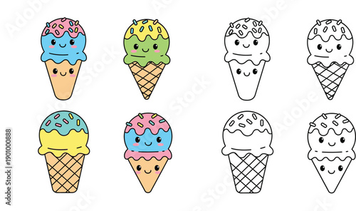 Kawaii ice cream cone vector set. Cute cartoon dessert characters with sprinkles. Colored and black and white outline illustrations for coloring book pages or stickers.