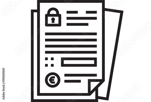 Document security icon with padlock and file pages, black and white outline symbol for privacy policy, protected data, encryption, access control and compliance