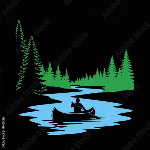 Person paddling a canoe on a serene river surrounded by lush trees.