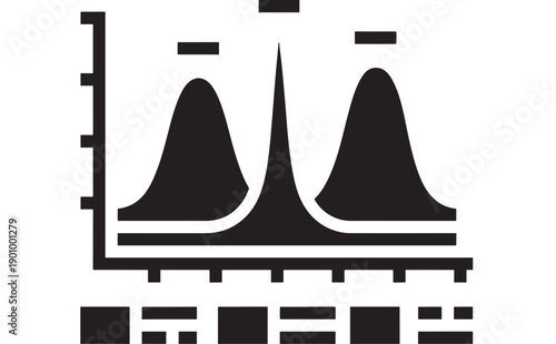 Chart icon with bell curve distribution and histogram style axes, minimal black silhouette infographic symbol for statistics, analytics, data science and reports