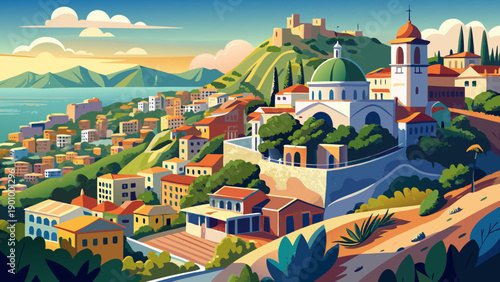 Very beautiful wide panorama of Oran with Santa Cruz Chapel dominating the hillside, overlooking dense urban neighborhoods and the Mediterranean coastline of western Algeria.