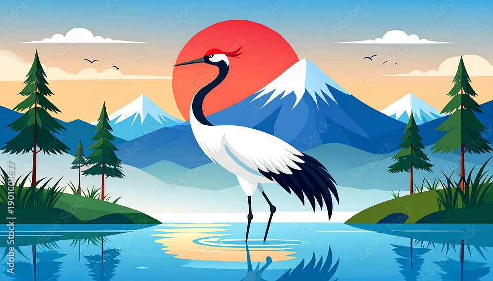 Fototapeta premium Crane stands in water before sunset, mountains, trees. Blue, green, orange, white
