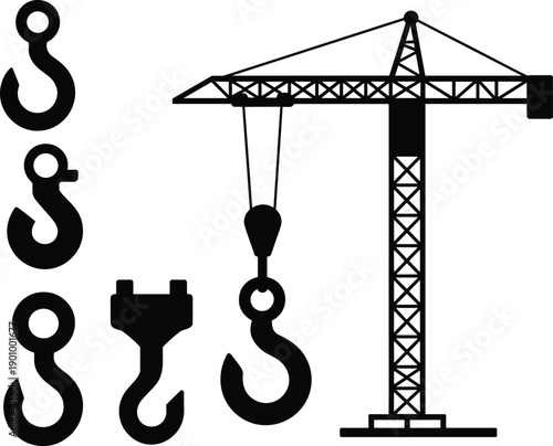 Black tower crane and hook silhouettes isolated on white background, construction lifting equipment shapes set, minimal vector illustration for industrial, safety, engineering, and design projects