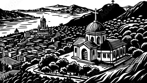 Very beautiful wide panorama of Oran with Santa Cruz Chapel dominating the hillside, overlooking dense urban neighborhoods and the Mediterranean coastline of western Algeria.