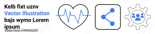 Healthcare, teamwork, technology, communication, collaboration, data sharing. Heartbeat line in heart shape, share icon gear symbol with people. Healthcare and teamwork concepts