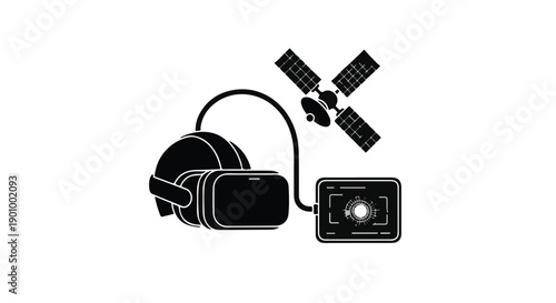 Virtual reality headset connected to satellite and tablet technology icon.