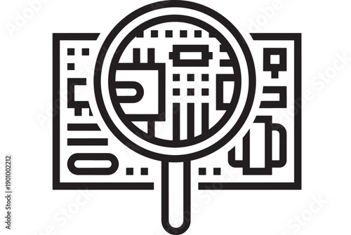 Money counterfeit detection icon with magnifying glass over banknote, black and white line art symbol for finance security, fraud check, currency verification and audit