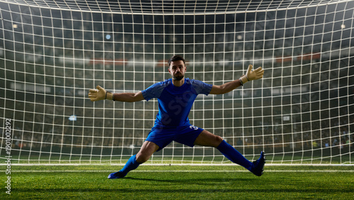 Canvas Print Goalkeeper ready stance defending goal on soccer field