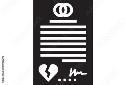 Contract document icon with text lines, signature and broken heart, minimal white glyph on black background for legal agreement, divorce, breakup, and paperwork concept