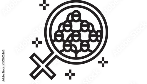 Magnifying glass icon with group of people inside, black outline line art symbol for search, analysis, recruitment, HR, team discovery and user research on white