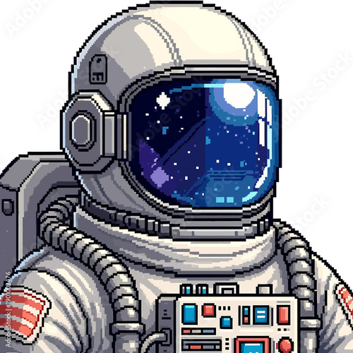 Detailed pixel art portrait of an astronaut, featuring a reflective visor showcasing a dazzling cosmic scene of stars, planets, and nebulae, representing humanity's quest for cosmic exploration