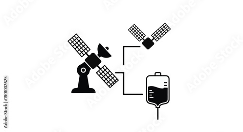 Medical satellite technology concept with IV bag and remote healthcare connection in black and white illustration