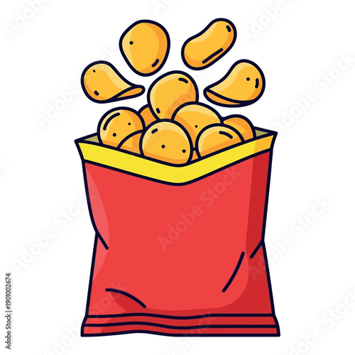 Crispy potato chips flying out of a red bag a fun cartoon illustration for snack food advertising