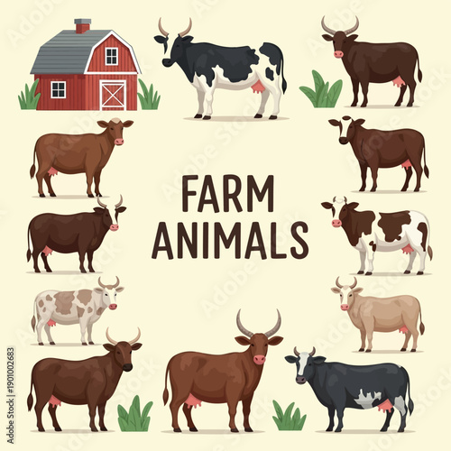 Diverse farm animals collection featuring various cow breeds and a barn flat vector illustration for