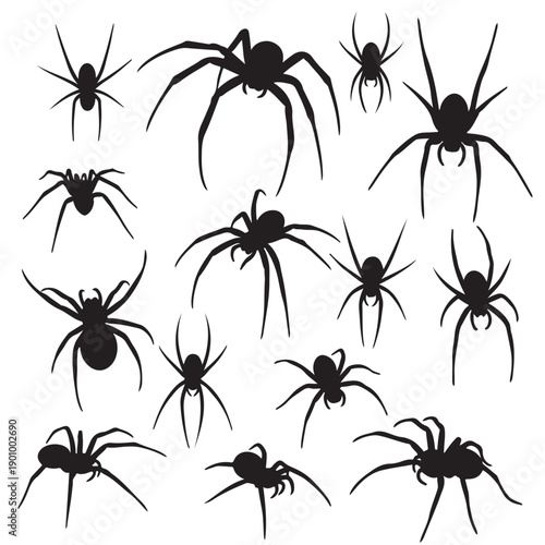 Set of diverse spider silhouettes black vector illustrations for Halloween horror and insect-themed 