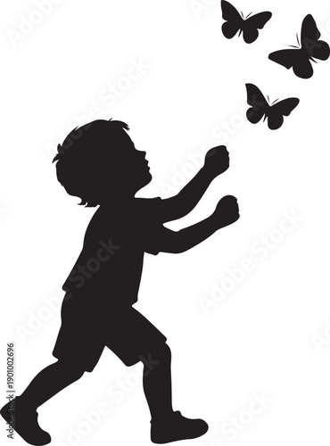 Child catching butterflies silhouette vector
