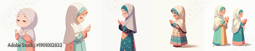 vector of islamic little girl standing praying gesture in the month of ramadan side view