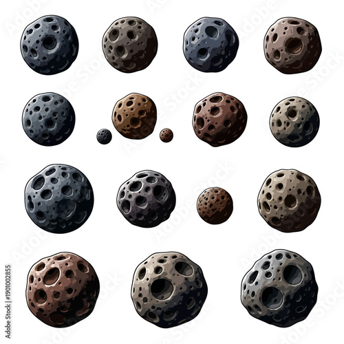 Collection of asteroid images showcasing varied textures and craters from different viewpoints and celestial environments