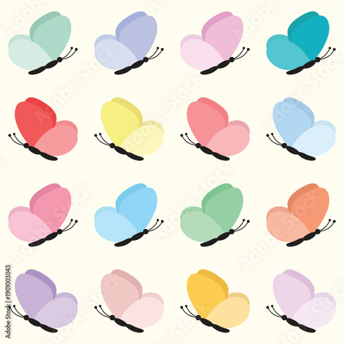 Set of small colourful butterflies. Insect vector illustration.