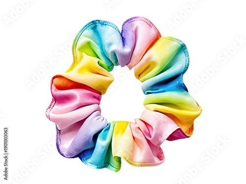 A colorful hair scrunchie with a rainbow design on a white background, perfect for adding a pop of color to your hairstyle
