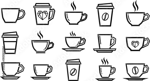 Minimalist Coffee Cups Icons: Hot Drinks and Takeaway