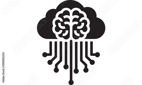 Cloud icon with brain and circuit lines, artificial intelligence concept symbol in black and white flat style for technology, data, neural network and cloud computing