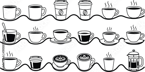 Coffee Varieties Icons: Espresso, Latte, French Press, Beans