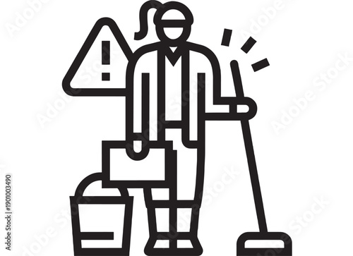 Worker injured icon with warning sign and walking stick, suitcase and bag, black outline vector pictogram for workplace accident, safety alert, insurance claim, medical leave