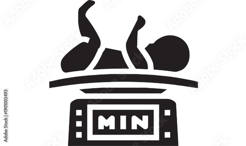 Timer kitchen icon with steaming food on plate and minute countdown display, black silhouette pictogram for cooking time, microwave, oven, and recipe apps