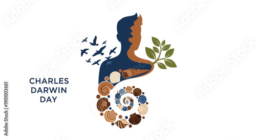 Illustration of Charles Darwin Day with a silhouette of Darwin surrounded by a spiral of species and a leafy branch, symbolizing evolution and natural selection in a simple graphic design.