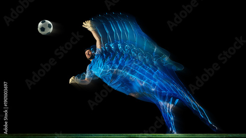 Εκτύπωση καμβά Soccer goalkeeper jumping save motion sequence isolated on dark background