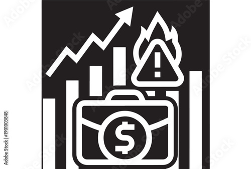 Briefcase finance risk icon with dollar symbol, rising chart and warning flame sign, business crisis alert pictogram, monochrome vector for banking and investment