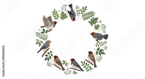 Illustration of a wreath with Galapagos finches and leaves, symbolizing evolution and natural selection, related to Charles Darwin's theory and biodiversity.