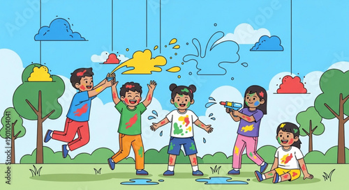 Happy Children Playing on Colorful Swings in Park during Sunny Day