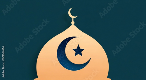 Islamic Dome with Crescent Moon and Star Symbol on Dark Background