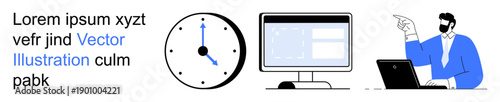 Time management, remote work, communication, technology, business, efficiency. Clock, computer screen person pointing. Time management and remote work are highlighted