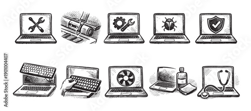 Black and white sketches depicting various computer repair, security, and maintenance scenarios using laptops. Illustrative style, suitable for tech blogs, tutorials, or repair shops.