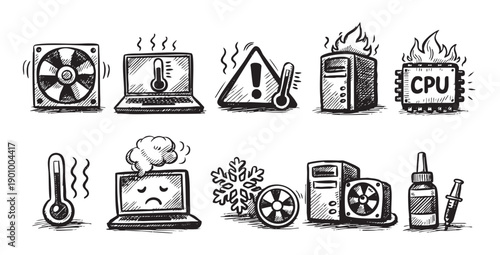 Hand-drawn style vector illustrations of common computer issues and solutions, isolated on white. Ideal for tech blogs, repair shops, or instructional content.