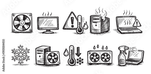 A collection of hand-drawn computer problem and solution icons. Illustrations for overheating, cooling, cleaning, and warnings. Use for tech blogs, repair services, and computer tutorials.