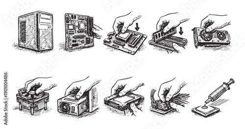 Black and white sketch showing assembly steps for a desktop computer. Includes motherboard, RAM, graphics card, cooler and thermal paste. Great for DIY, tech, education, blog posts.