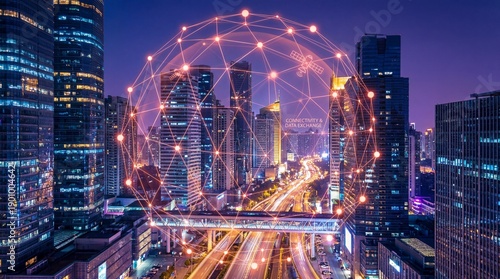 Wallpaper Mural Modern cityscape with vibrant connectivity and data exchange network at dusk Torontodigital.ca