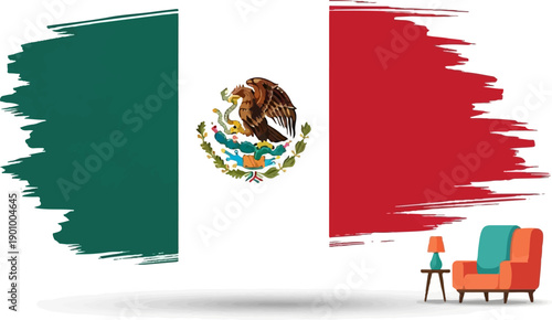 Abstract Mexican flag design with a cozy armchair and lamp in foreground